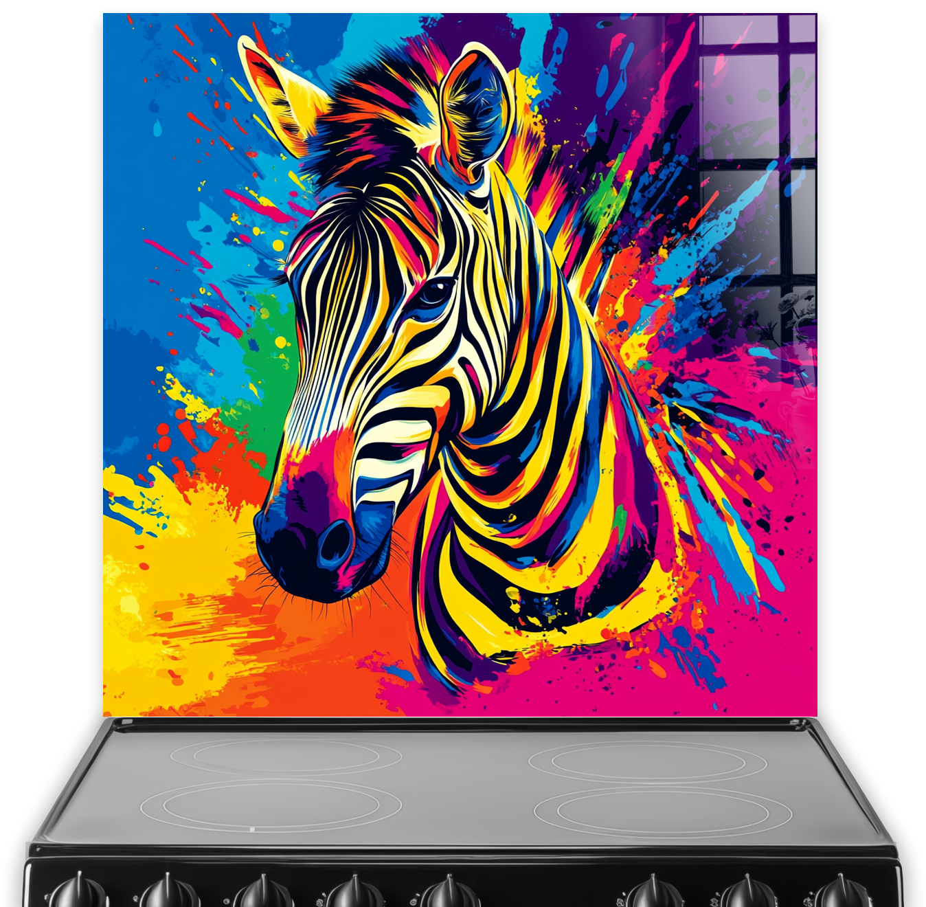 Bright abstract painted zebra splashback with multicolour splashes