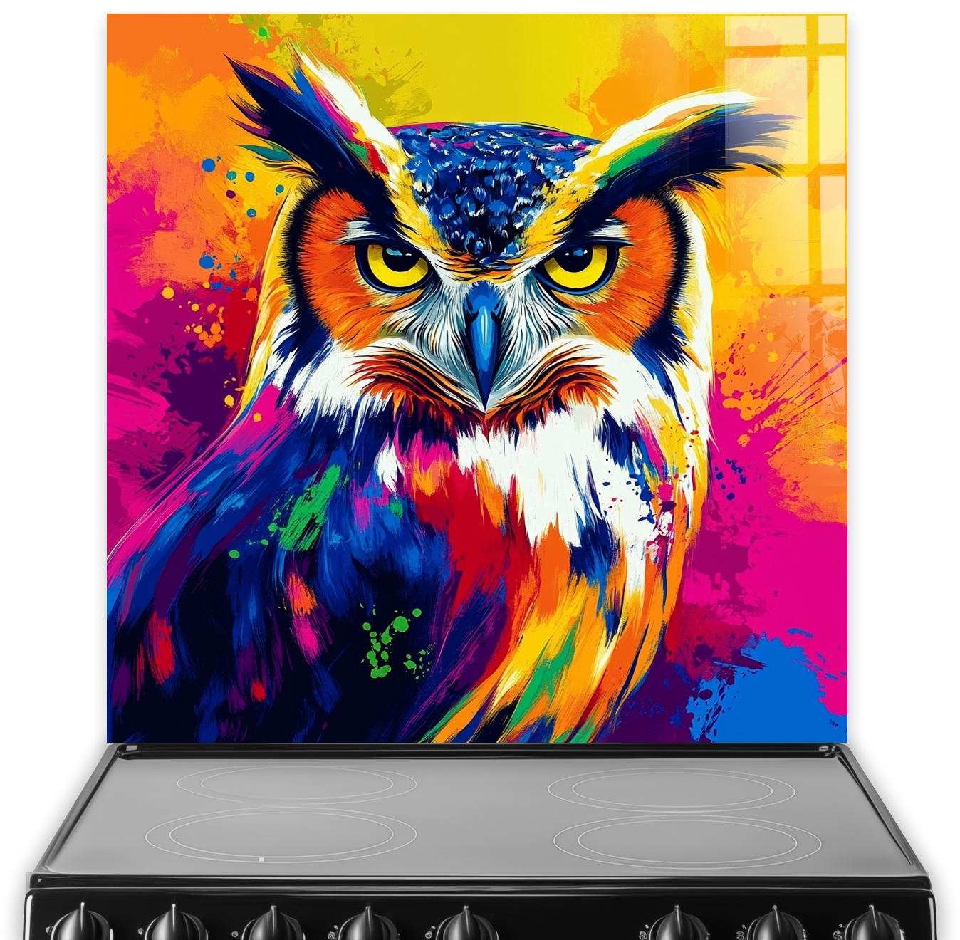 Colourful abstract owl splashback featuring vivid paint splashes
