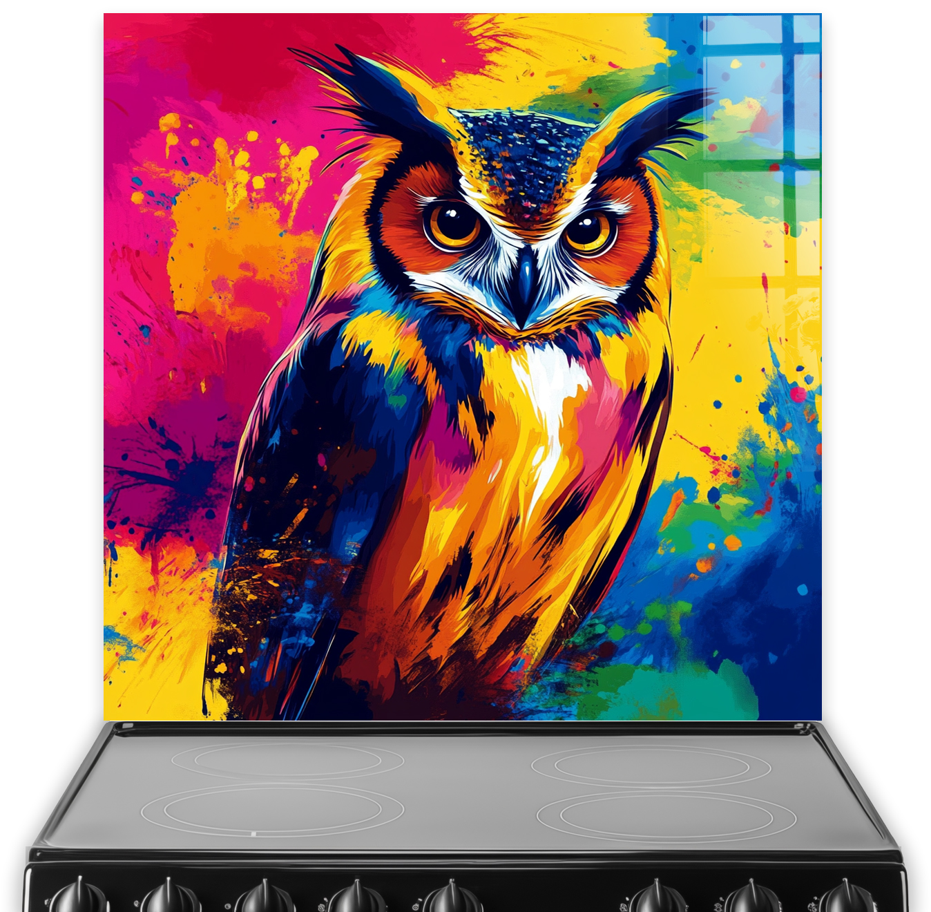 Colourful artistic owl splashback in vibrant digital art style