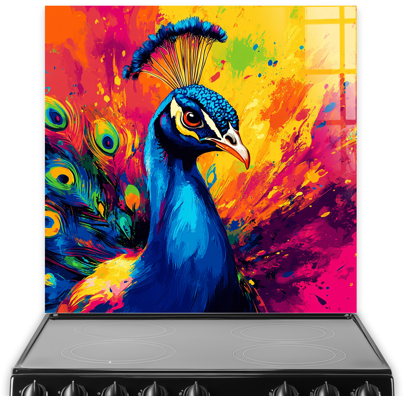 Colourful peacock printed splashback with abstract art style