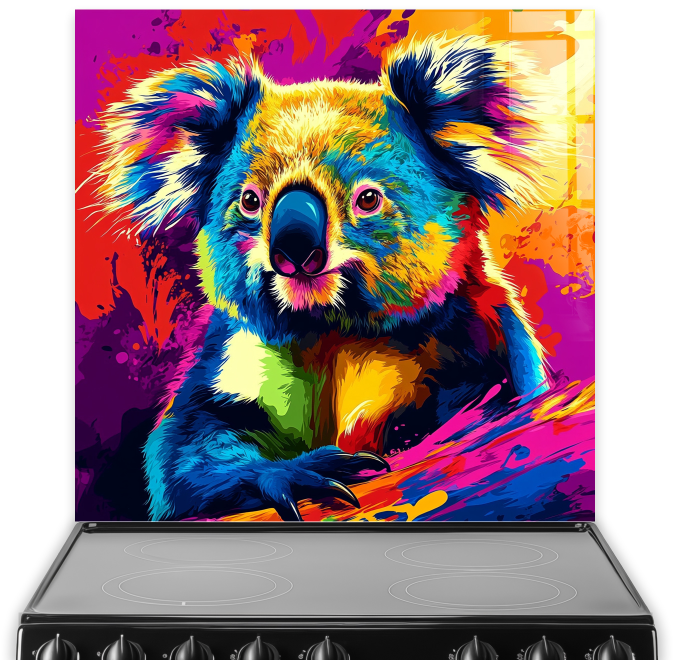 Vibrant pop art koala printed kitchen splashback in bold rainbow colours