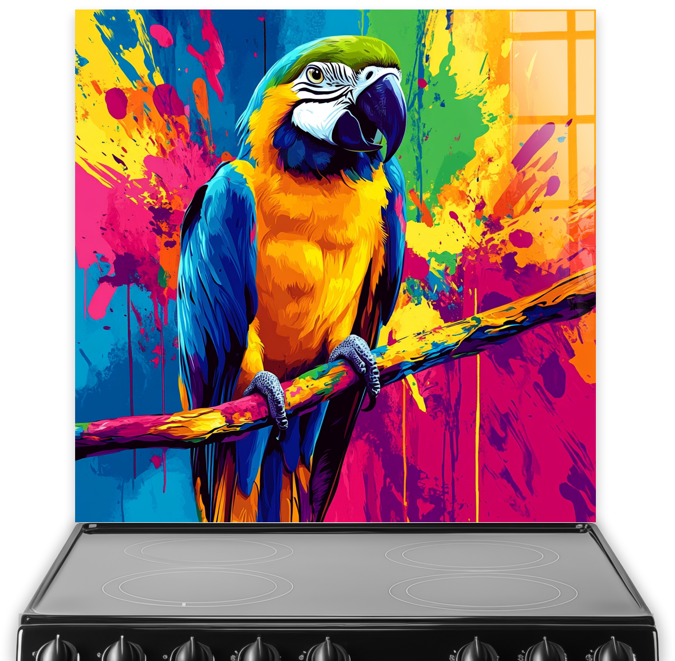 Colourful modern parrot printed kitchen splashback with pop art and vibrant paint splashes.