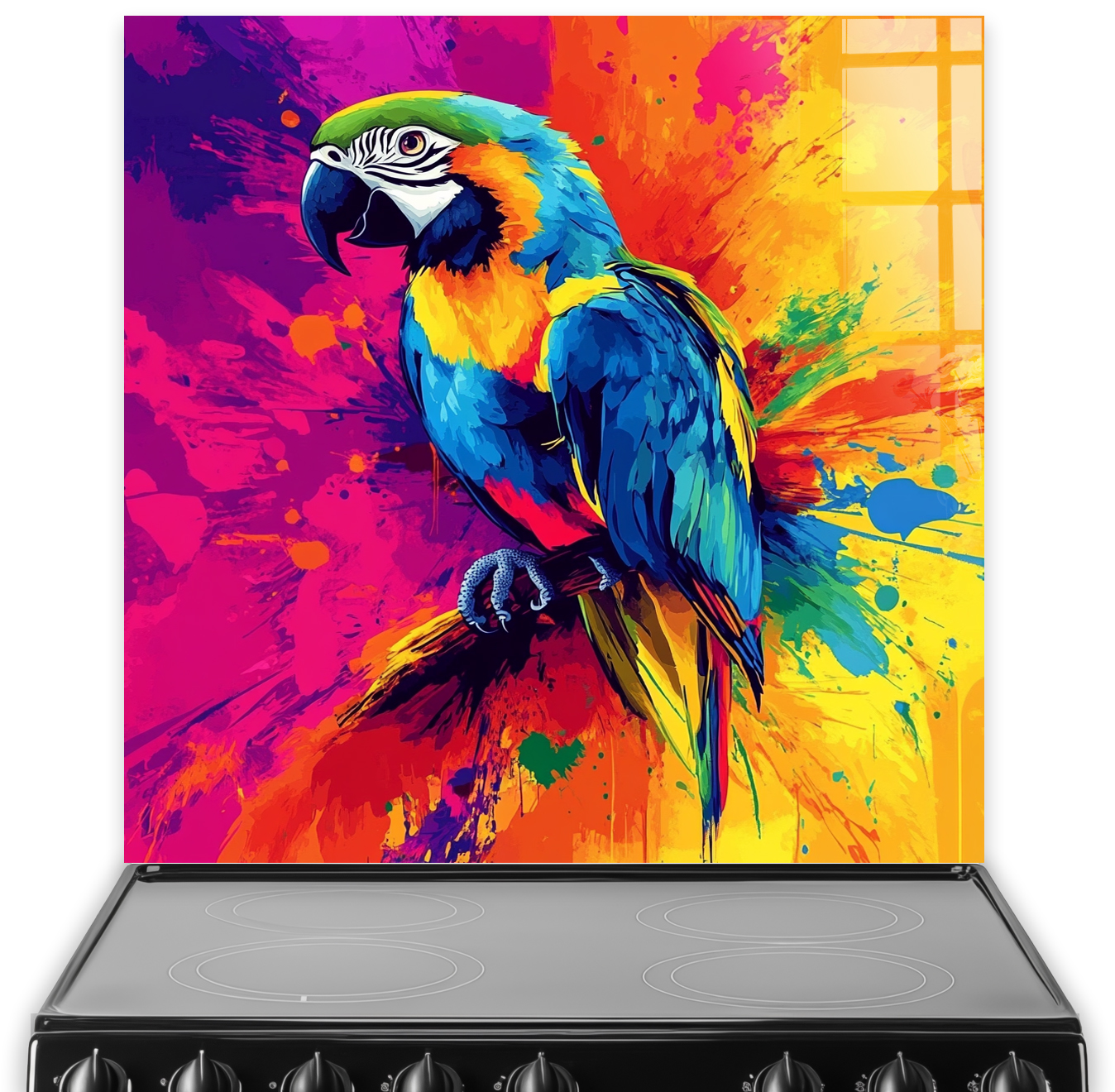Colourful parrot printed kitchen splashback with vibrant paint splash background