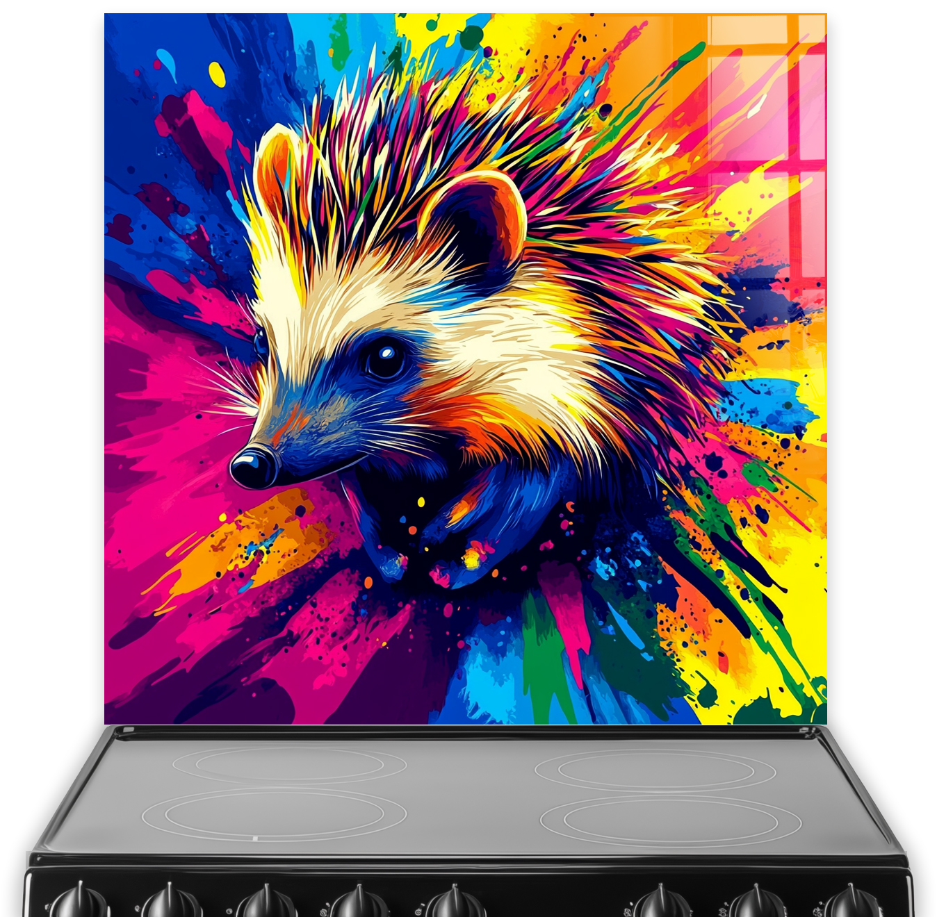 Colourful hedgehog printed on premium toughened glass splashback with vibrant paint splashes