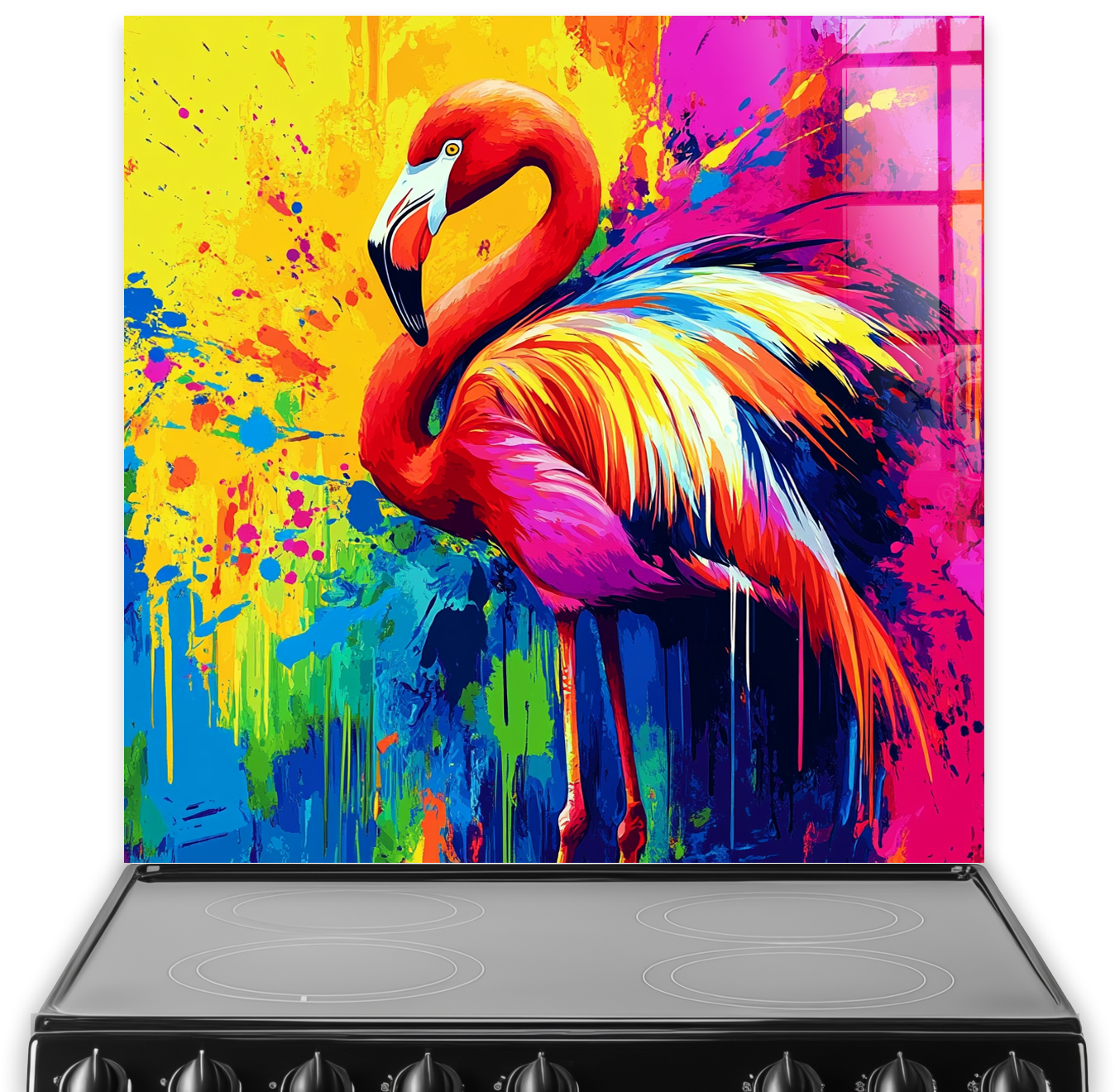 Colourful abstract flamingo splashback printed on toughened glass