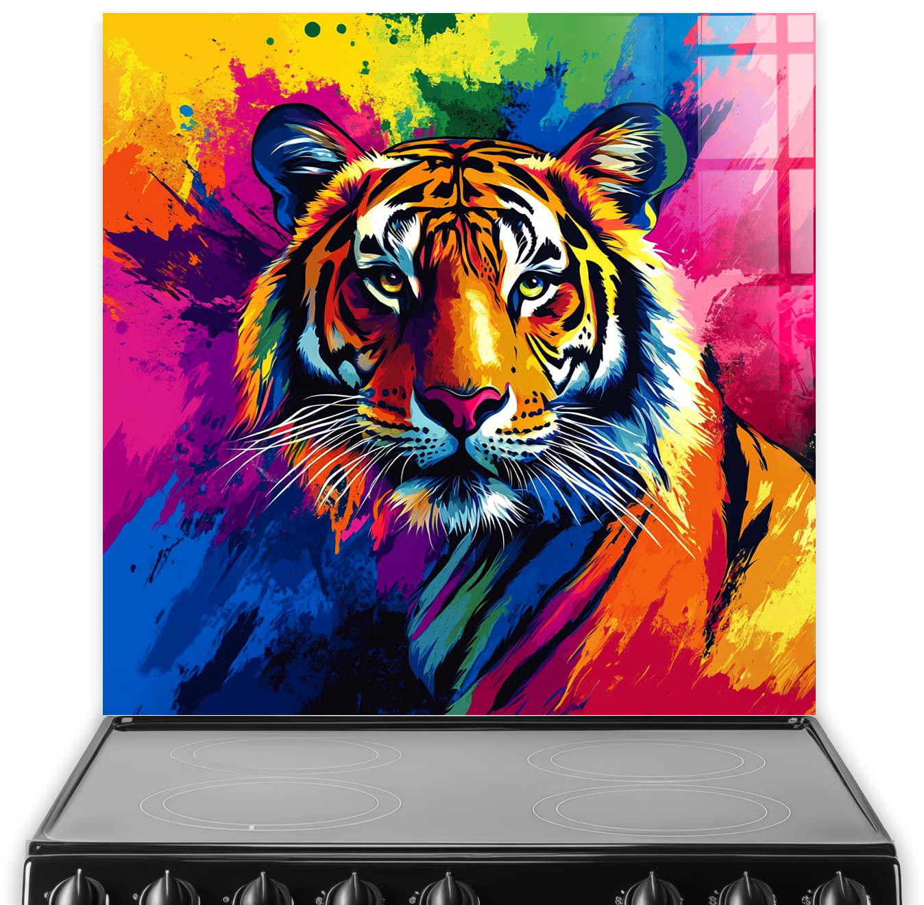 Colourful pop art tiger splashback from the Colourful Wild Animals Selection featuring bold orange, blue, pink, yellow, green and black paint splashes