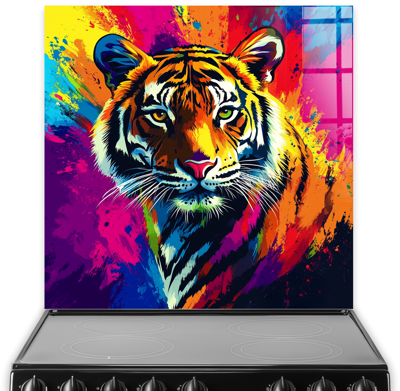Colourful artistic tiger splashback in pop art style for kitchen décor