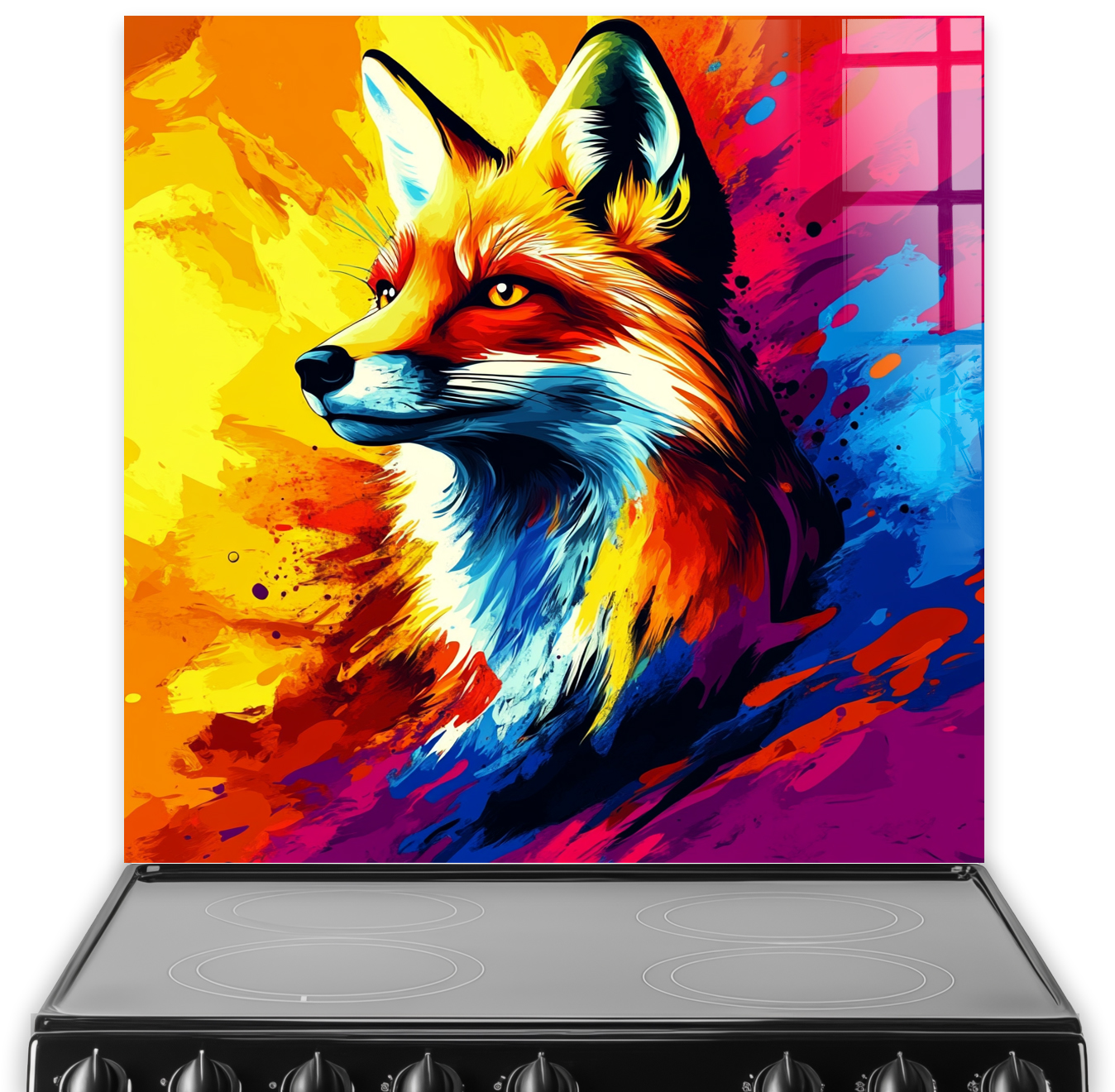 Colourful fox printed kitchen splashback in vibrant abstract painting style