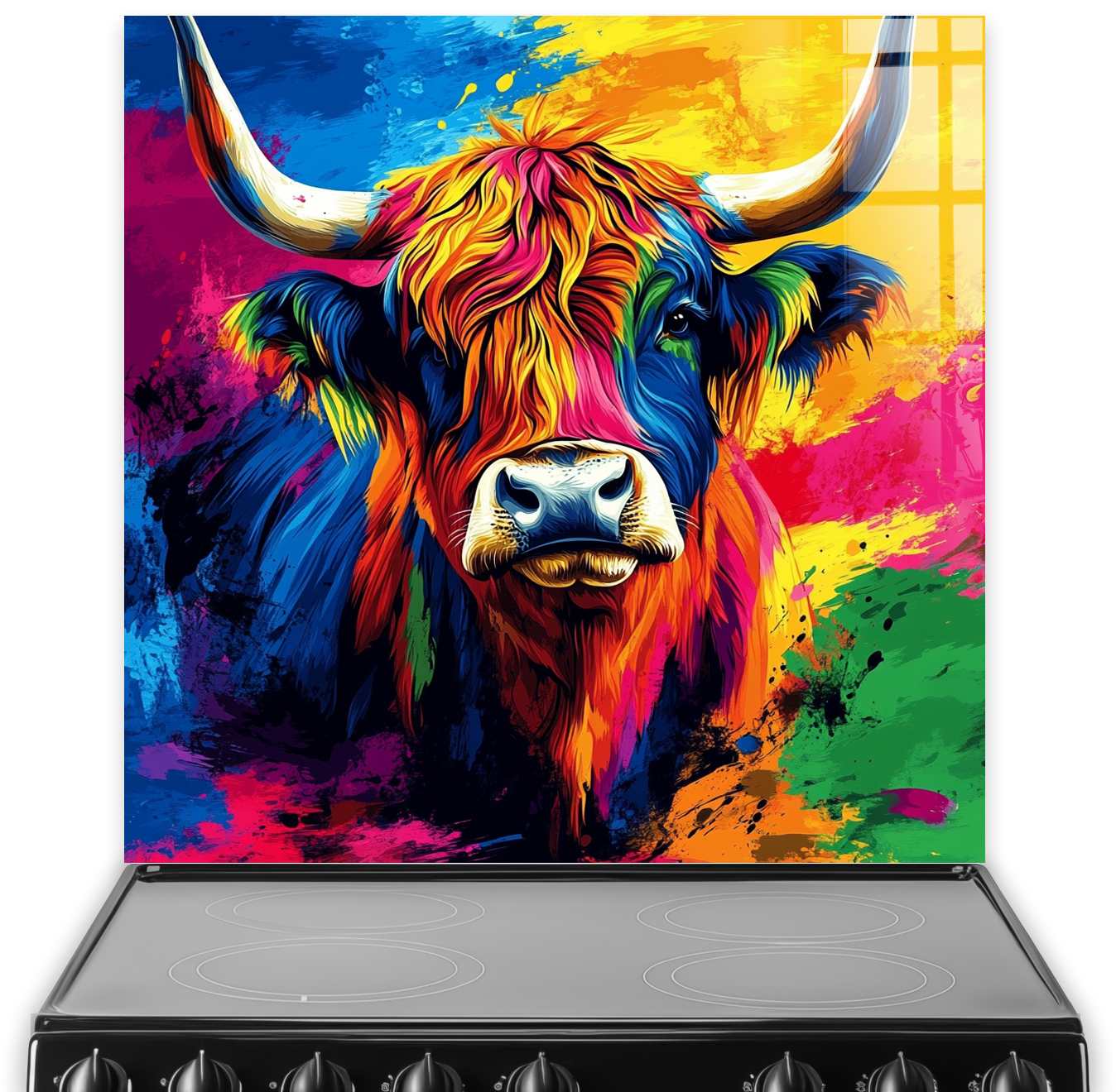 Vivid Splashbacks Colourful Highland cow art printed kitchen splashback