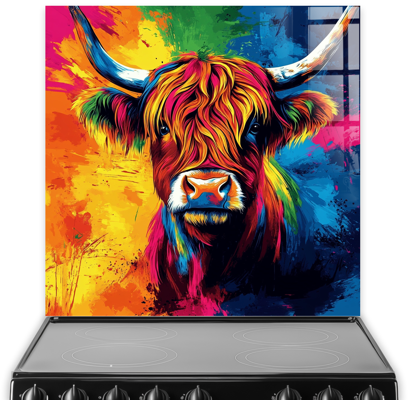 Colourful Bonnie the Bold Coow printed splashback in bold multicolour pop art style