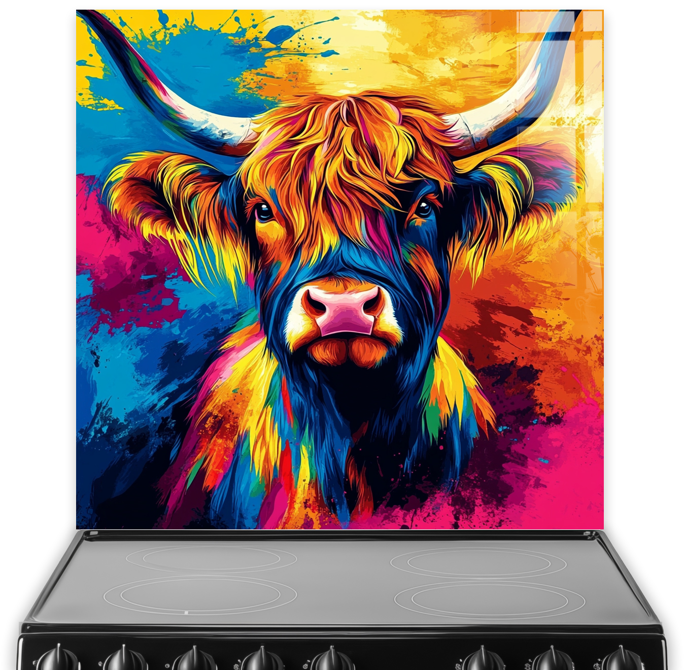 Highland Hue Hero splashback with vibrant multicolour pop-art Highland cow design