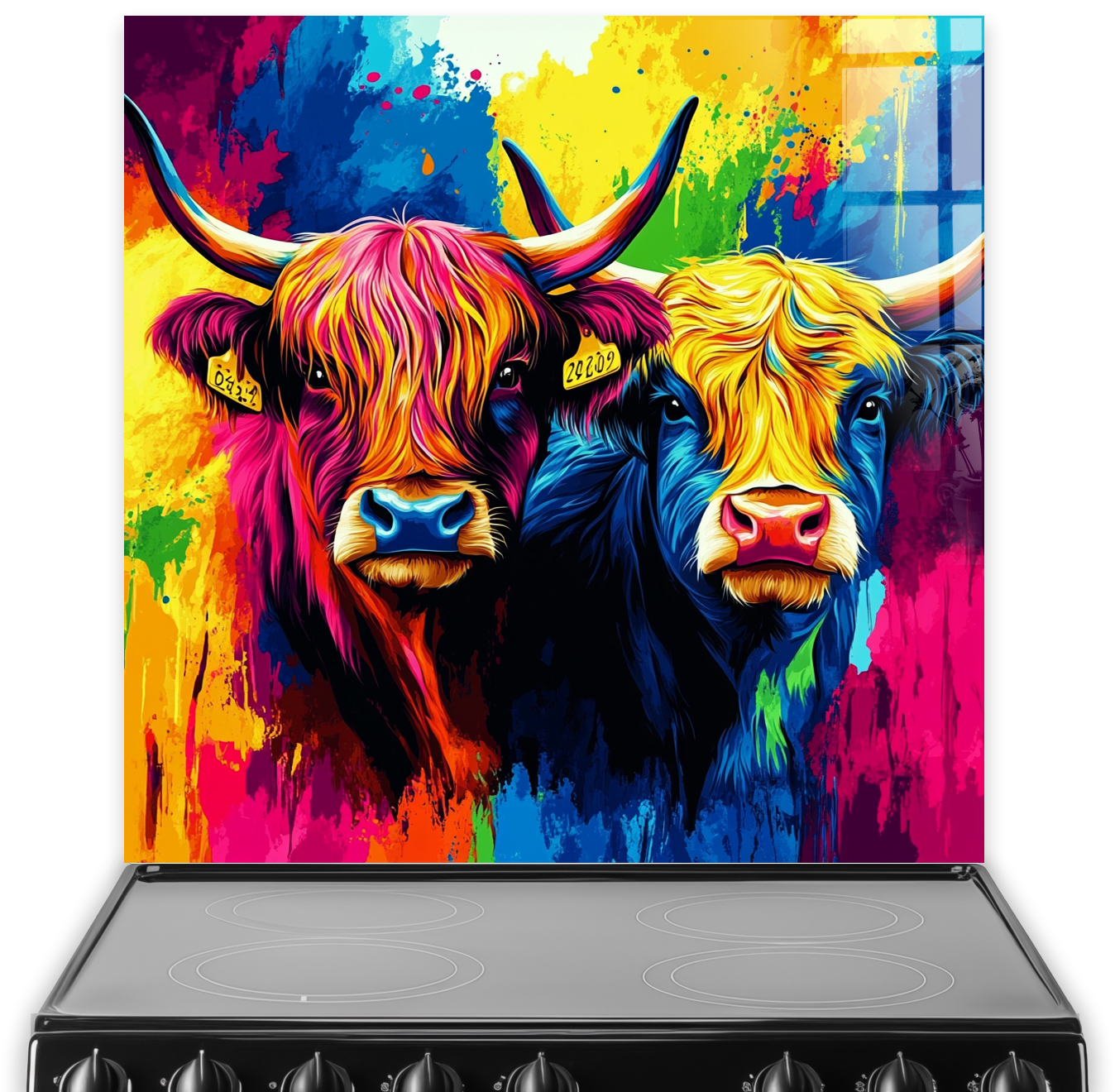 Colourful Highland Cows printed splashback featuring bold abstract art style