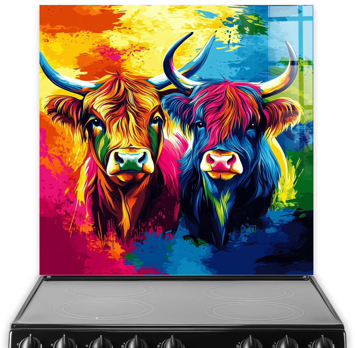 Colourful Highland Cows printed on toughened glass splashback in modern vibrant art style