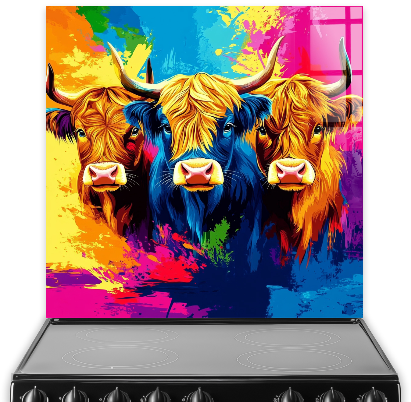 Colourful Highland Cows printed kitchen splashback with vibrant pop art style