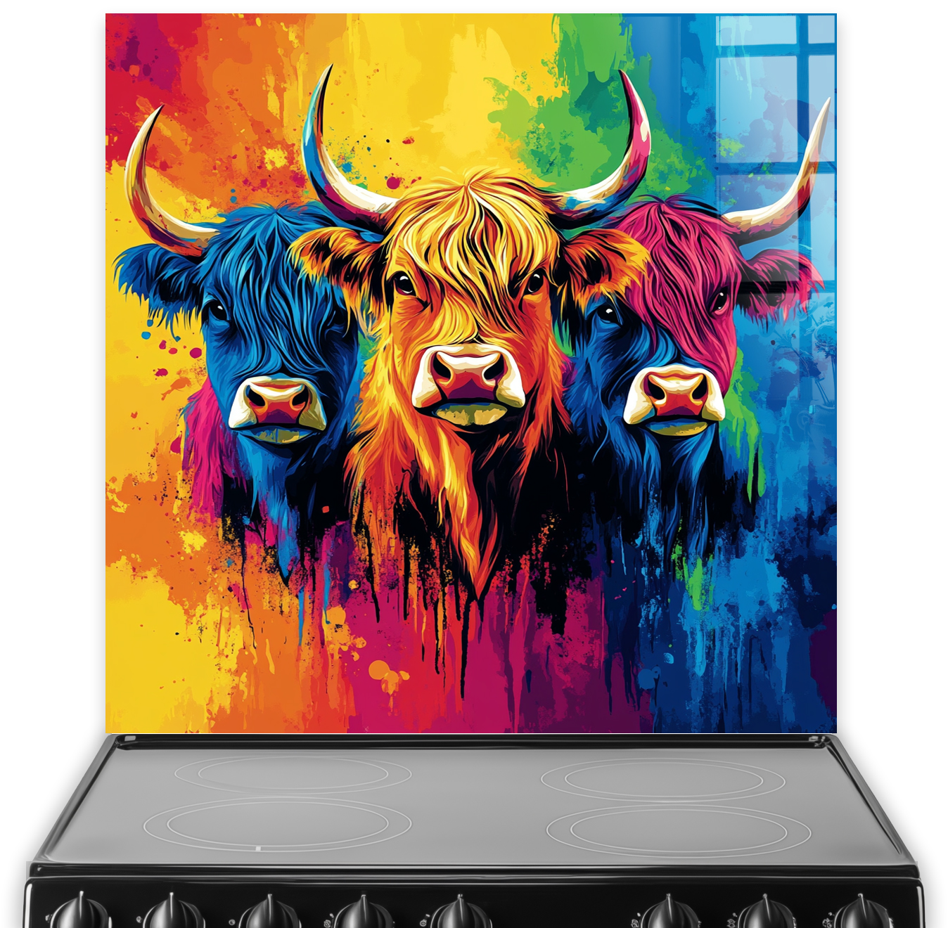Colourful Highland cows printed kitchen splashback with vibrant abstract art style