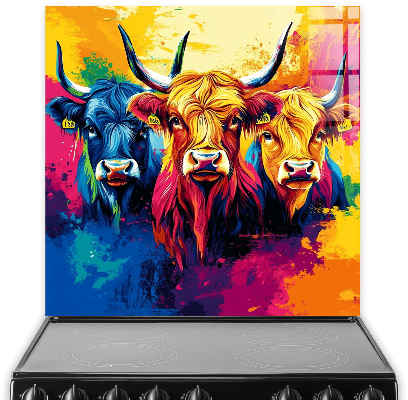 Colourful Highland Cows Splashback in Pop Art Style