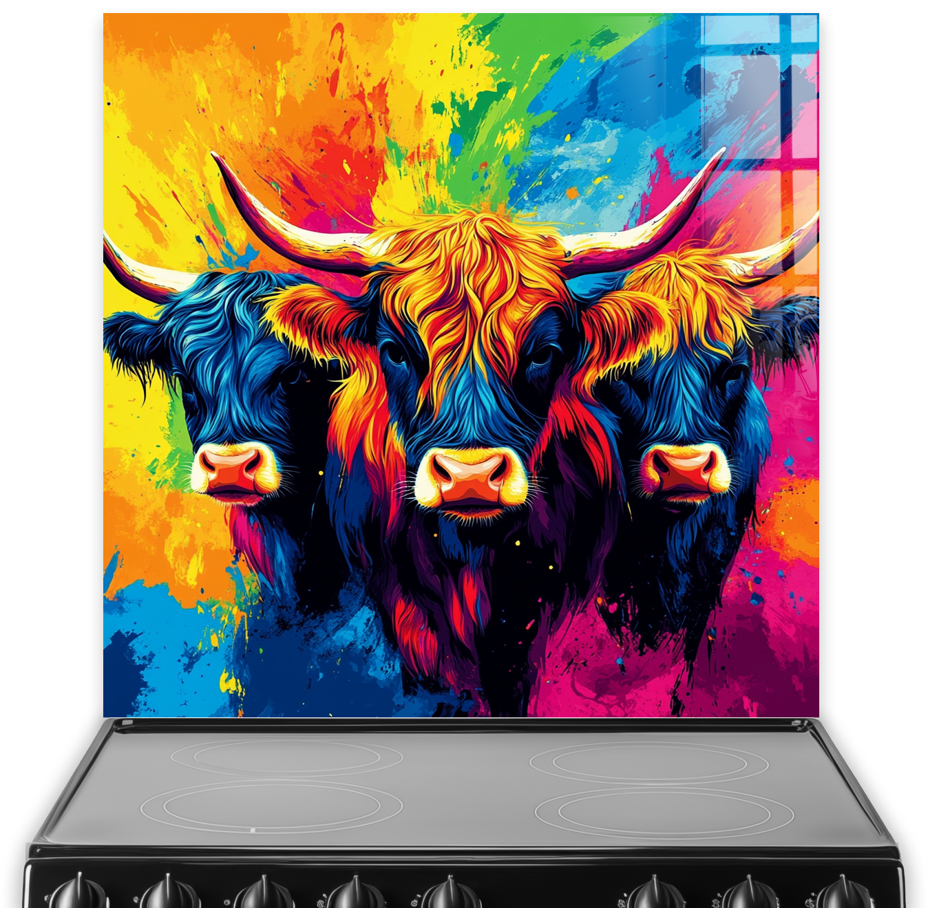 Vibrant Highland Cows splashback in expressive colourful art style