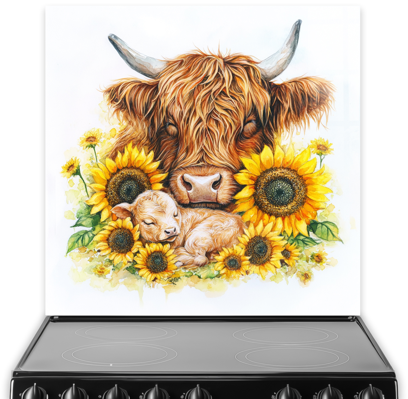 Highland cow and calf with sunflowers printed kitchen splashback