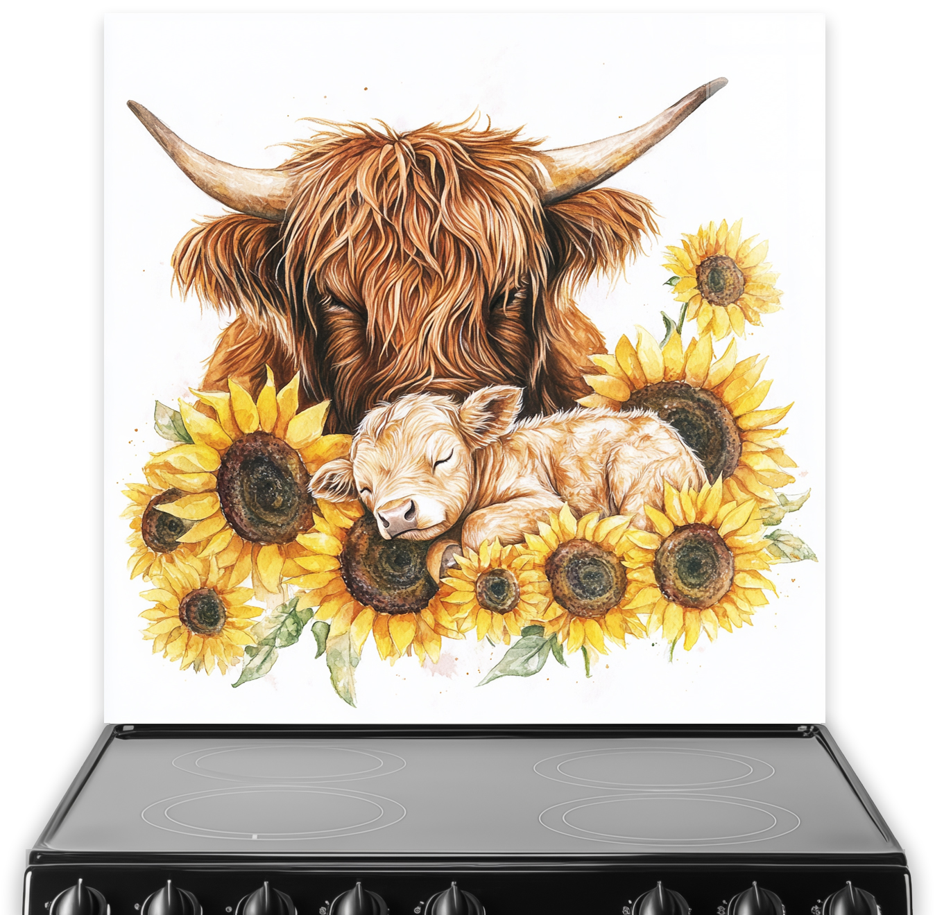Watercolour Highland cows splashback with sunflowers and sleeping calf
