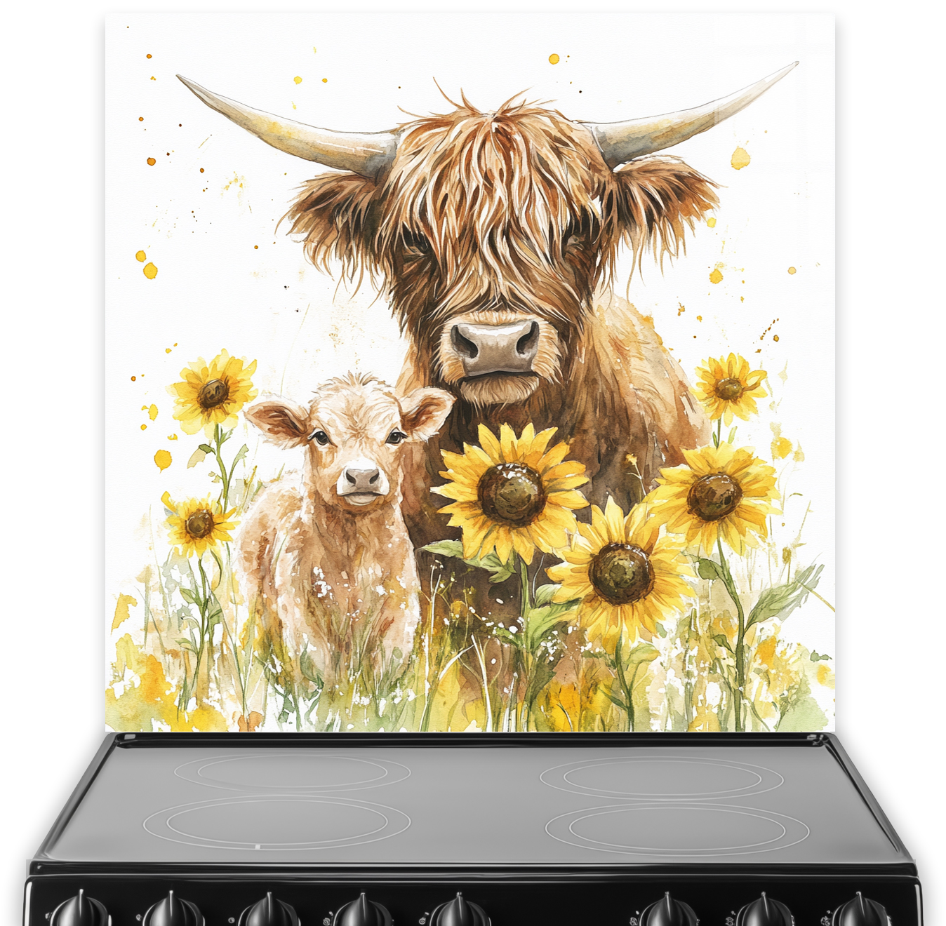 Highland Cow and calf splashback with sunflowers in watercolour style