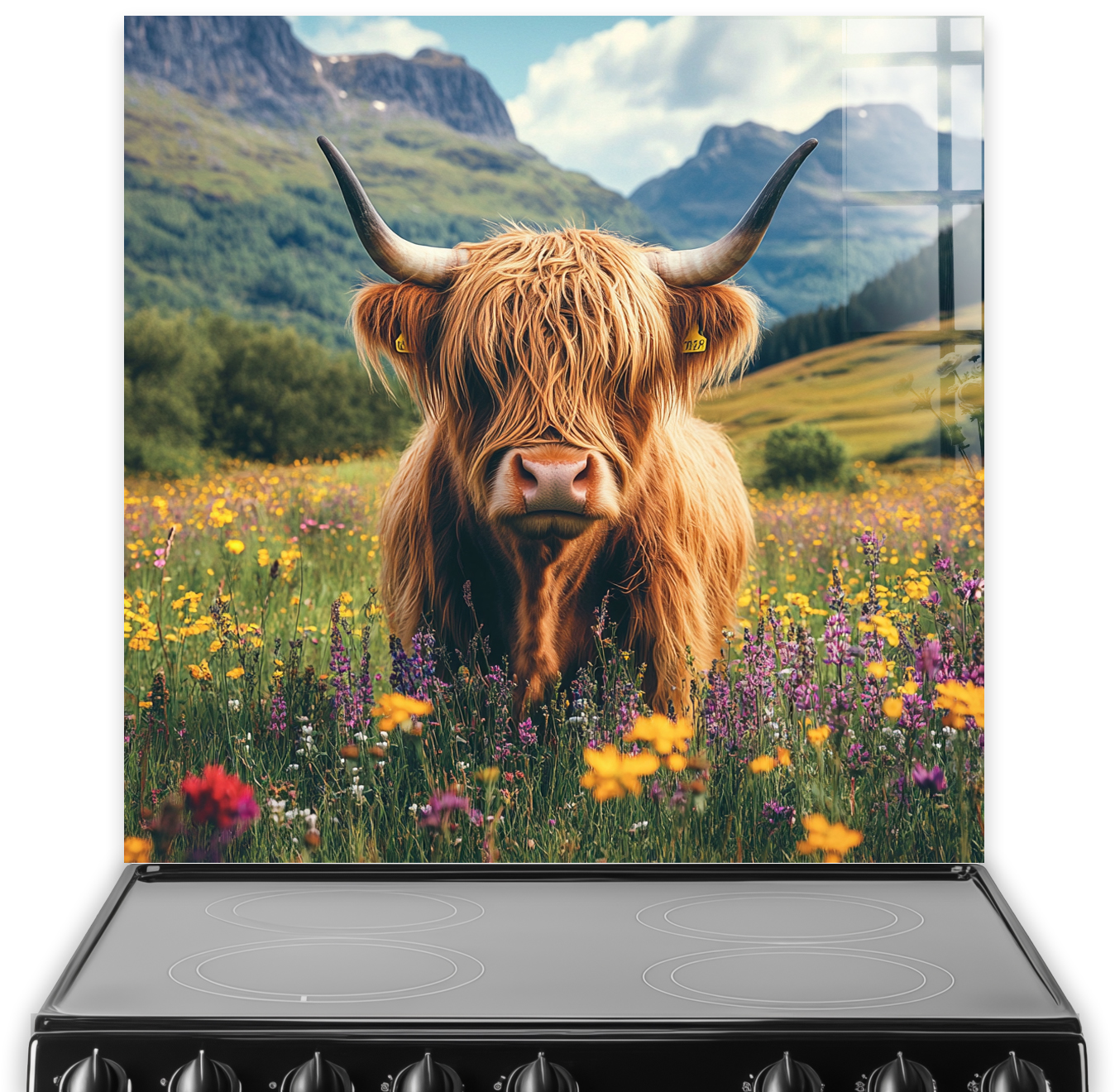 Highland cow standing in wildflower field with mountain background printed on glass splashback