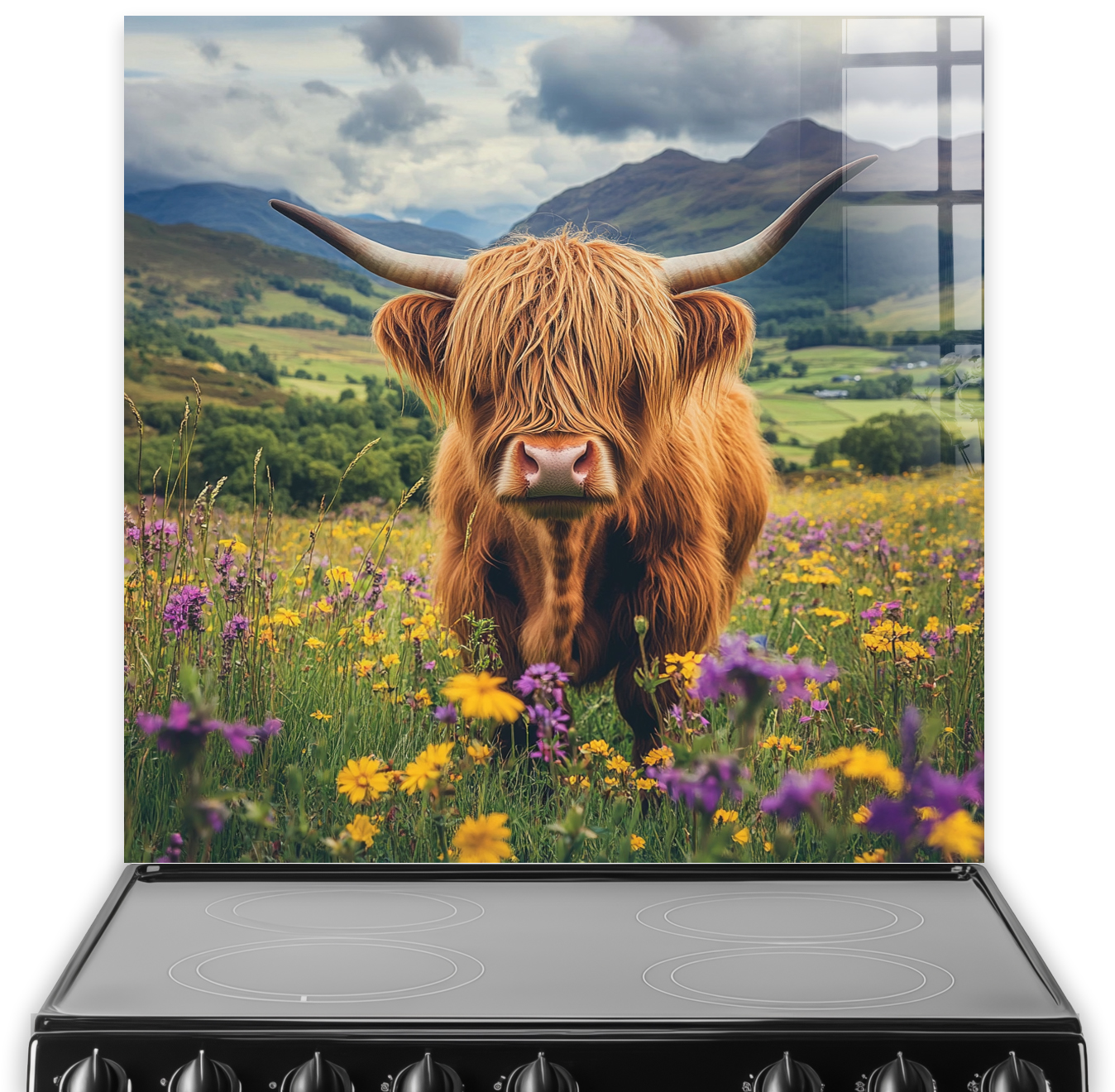 Highland cow standing in colourful Scottish meadow with floral backdrop