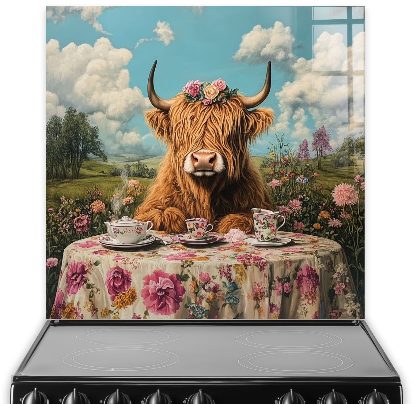Highland cow tea party printed kitchen splashback with floral table and countryside background