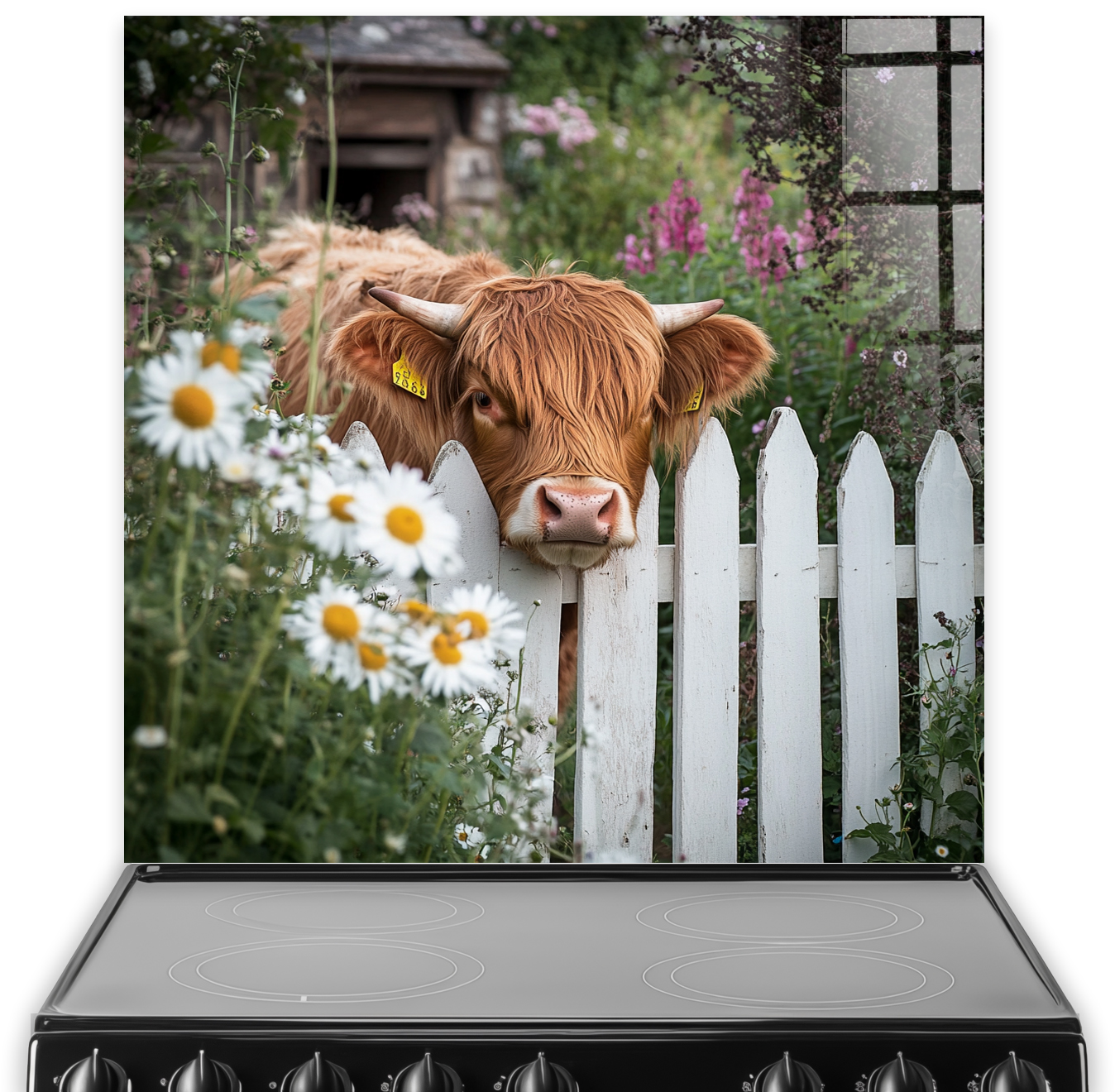 Highland cow peeking through white picket fence with garden flowers printed on glass