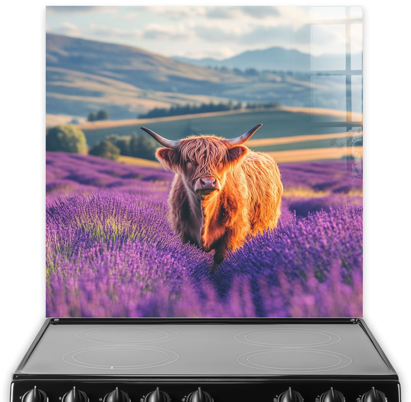 Highland Cows splashback with cow in lavender field and scenic hills