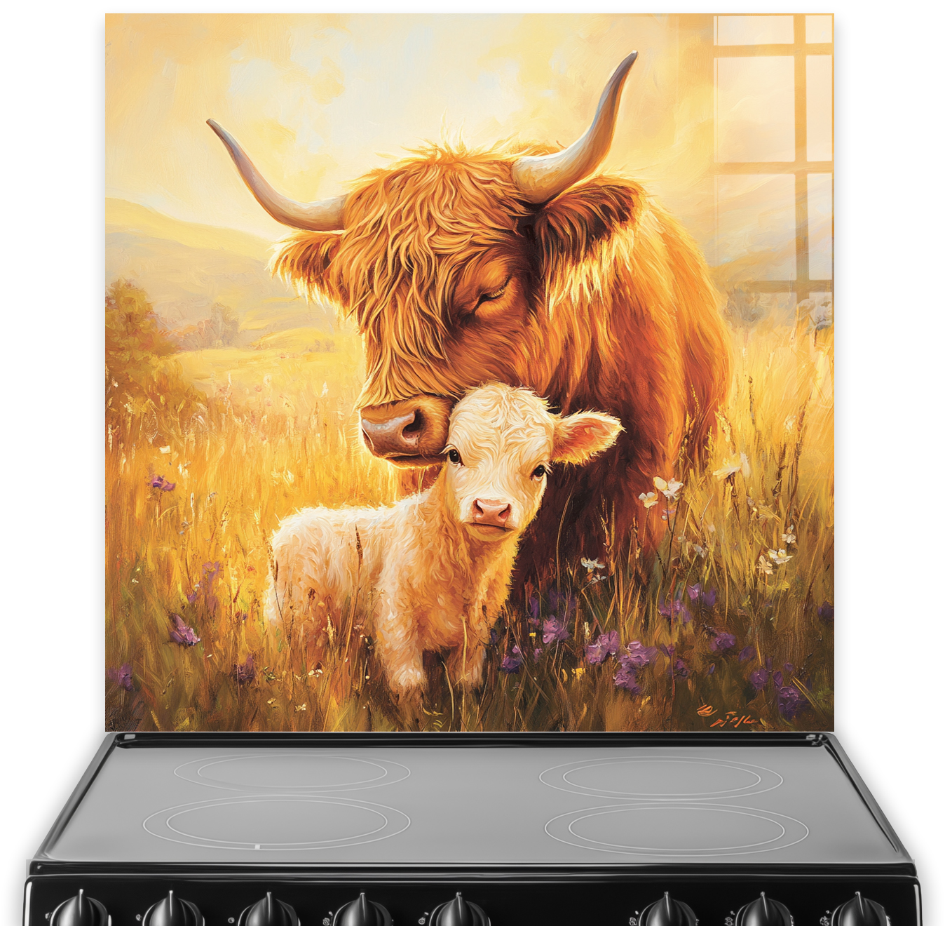 Highland cow mother and calf in a golden meadow printed splashback