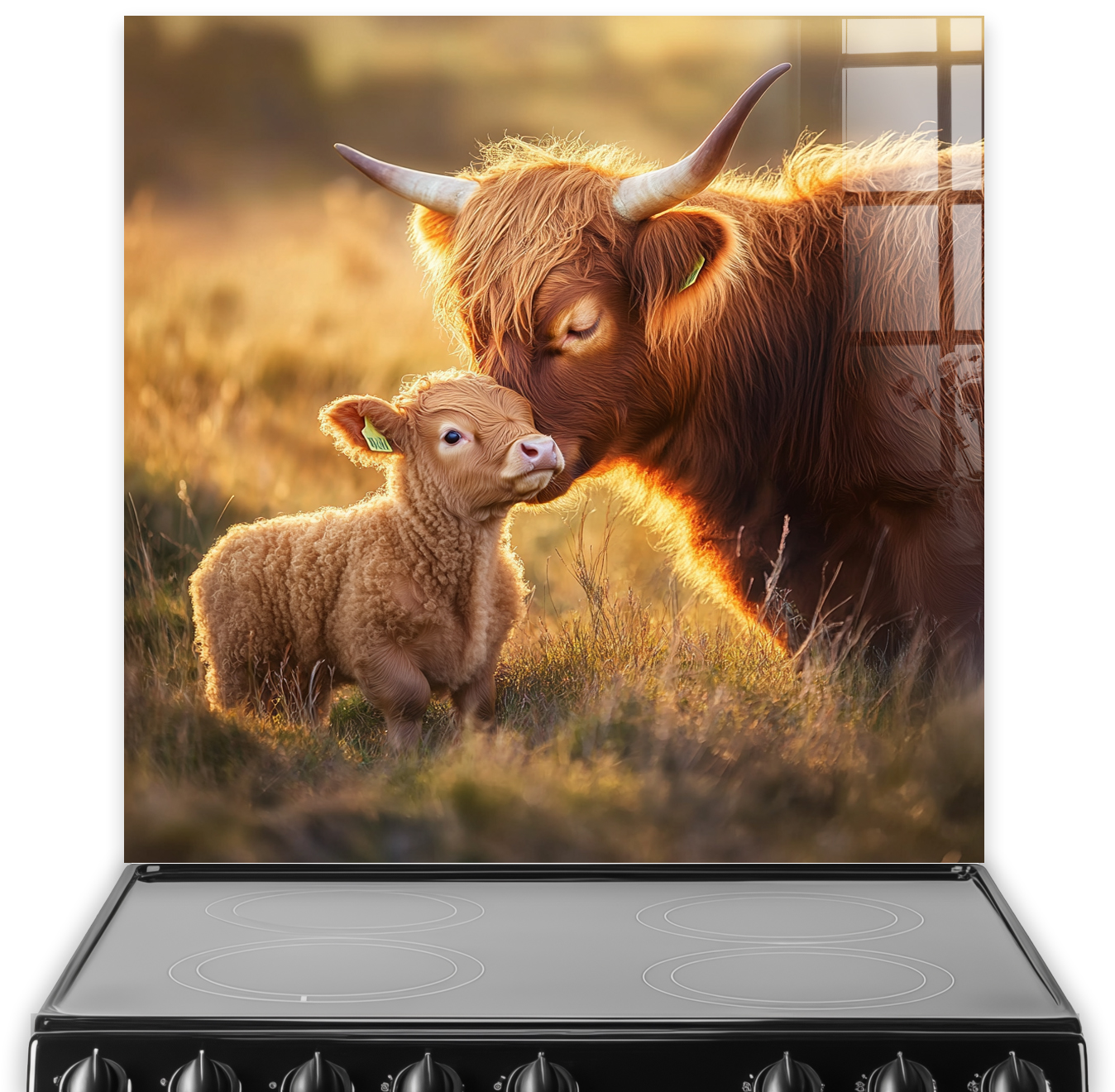 Highland Cows splashback with calf and parent in warm sunset field