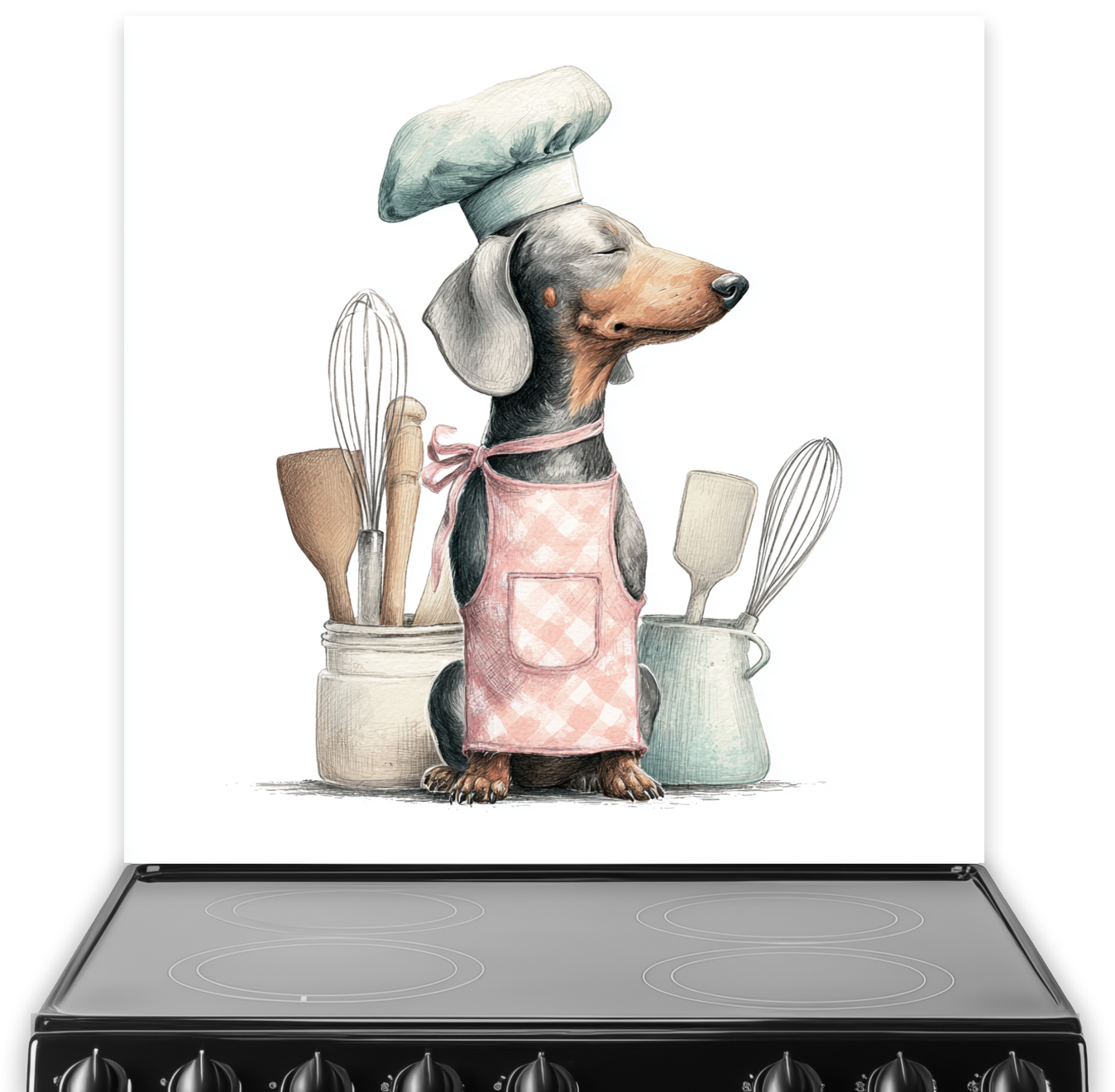 Watercolour dachshund chef wearing pink apron and green hat with kitchen utensils, printed splashback