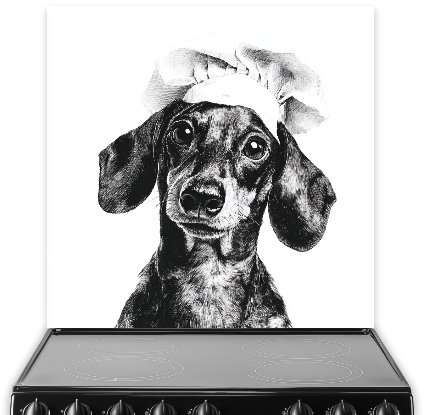 Black and white Monochrome Sausage Dog splashback with hand-drawn art style