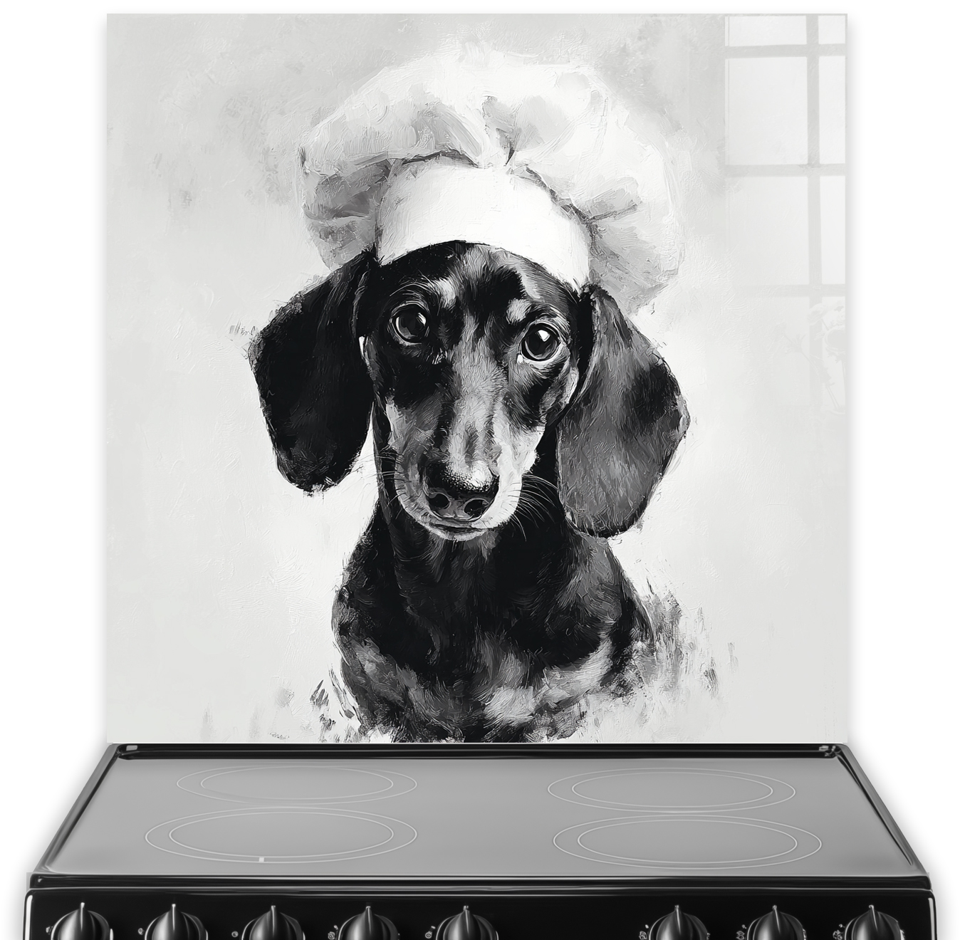 Black and white Dachshund Chef splashback art in watercolour style with chef hat