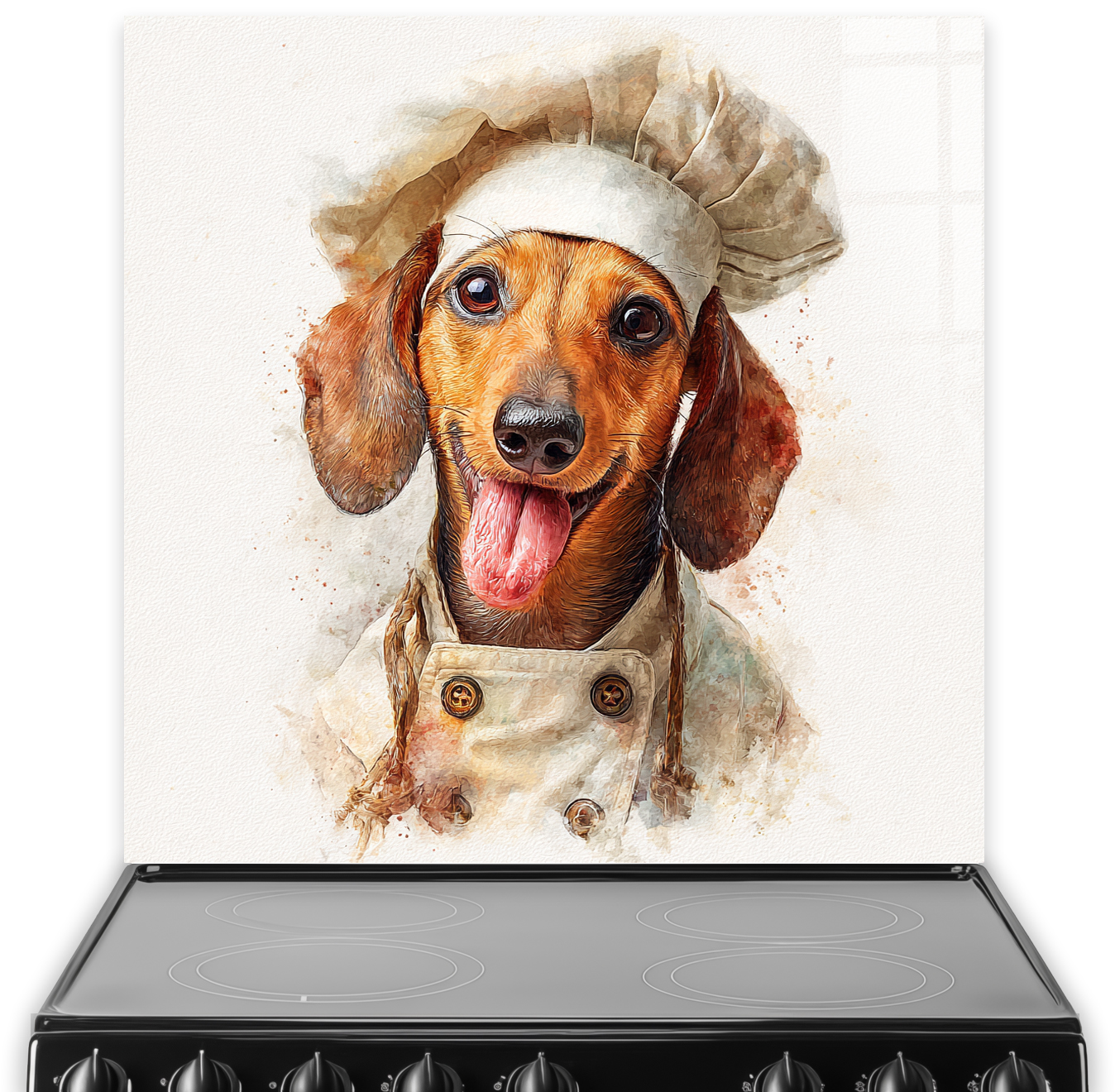 Sausage dog splashback featuring a cute dachshund in a chef’s outfit in watercolour style