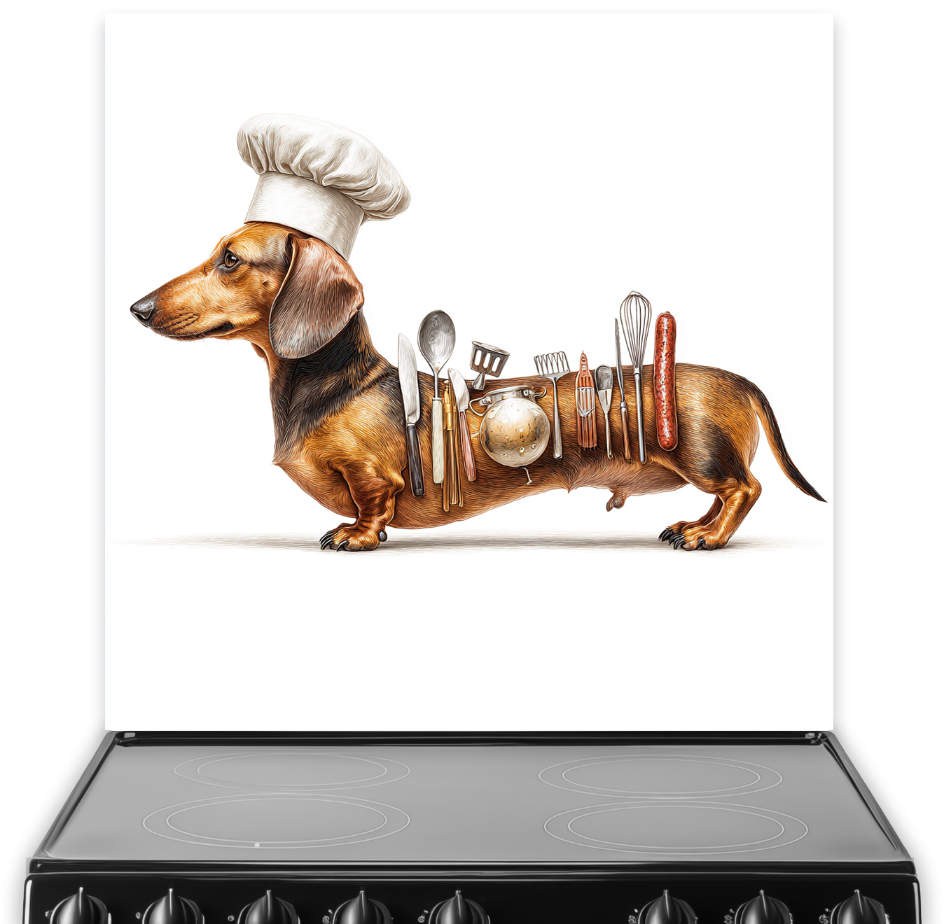 Sausage Dog splashback showing a dachshund in chef hat with utensils on white background