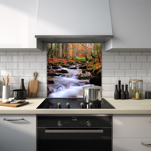 River stream through autumn forest glass splashback.