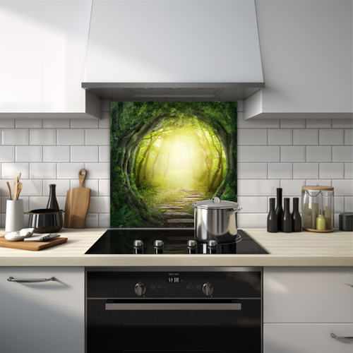 Magic overgrown forest pathway glass splashback.