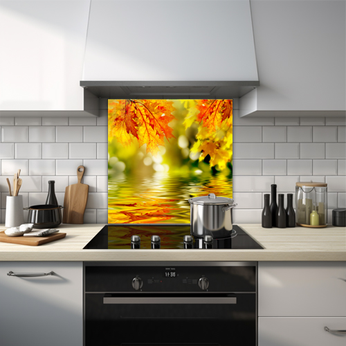 Vibrant autumn leaves with water reflection glass splashback.