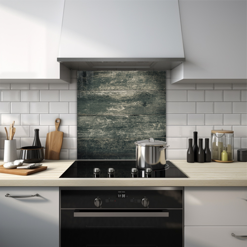 Black walnut wood effect pattern glass splashback.