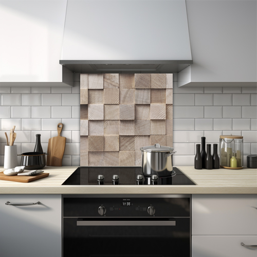 Pattern of wood blocks extruded outwards glass splashback.