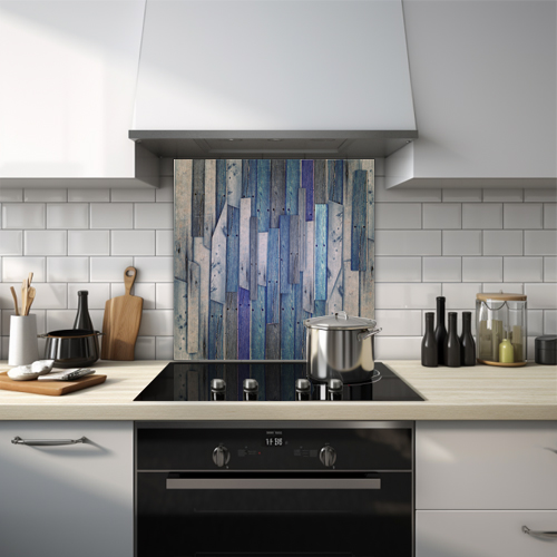 Blue wooden panels design glass splashback.