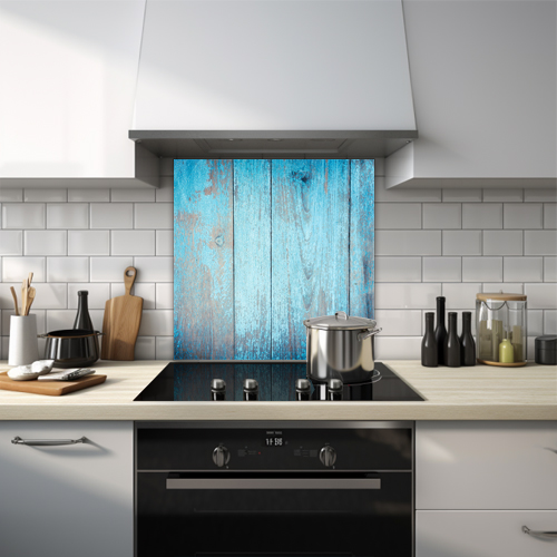 Vintage blue shabby wood glass splashback.