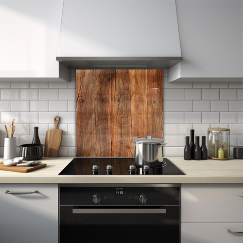 Close-up of grunge pattern on old oak wood glass splashback.
