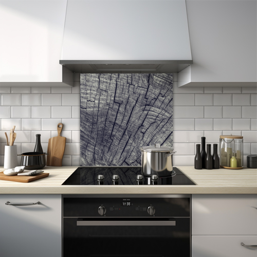Close-up of dark charcoal grey bark glass splashback.