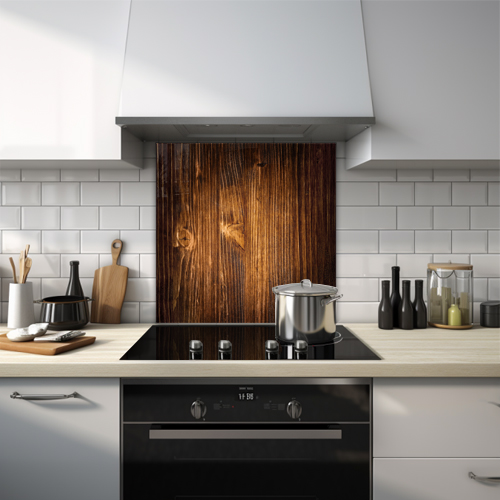 Close-up of dark rosewood glass splashback.