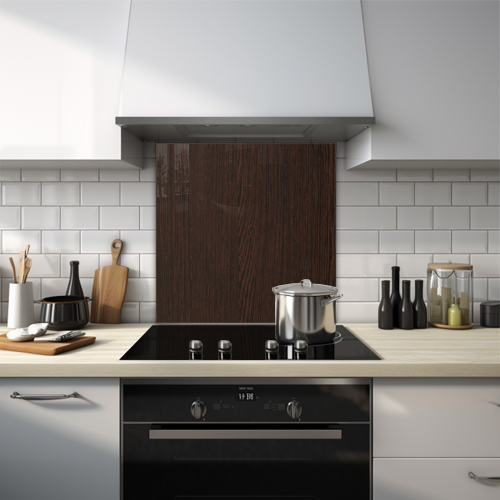 Dark wood texture close-up glass splashback.