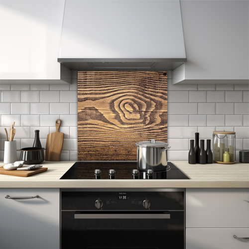Close-up of hardwood texture glass splashback.