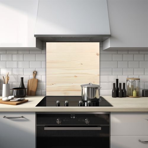 Close-up of knotty pine wood glass splashback.