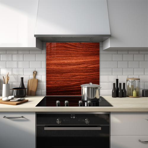 Close-up of Mahogany wood texture glass splashback.
